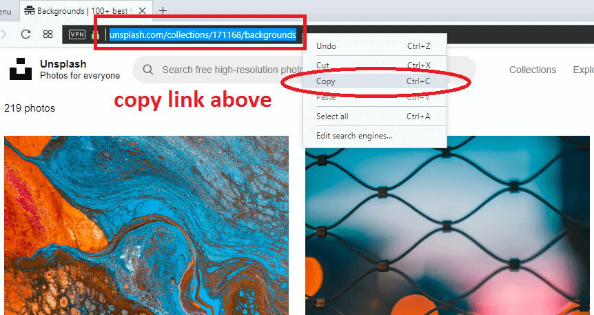 copy unsplash url from the browser address bar