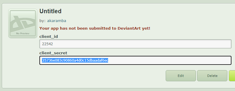 DeviantArt client id and secret key gotten