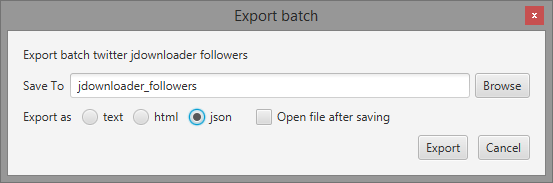 json export option selected