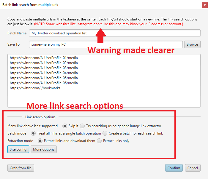 New options in batch link search input box